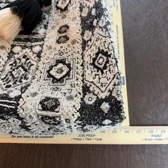 America & Beyond Bohemian Black and Cream Jacquard Beaded Tote Bag with Tassel - Picture 2 of 9